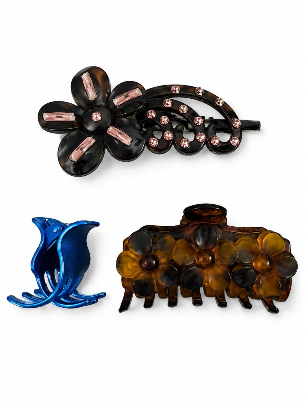 Floral and Blue Metallic Hair Claw Clips